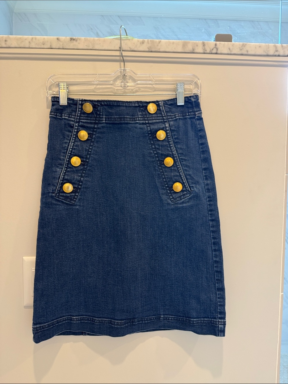 Ann Taylor Dark Blue Denim Pencil Skirt with Gold Buttons